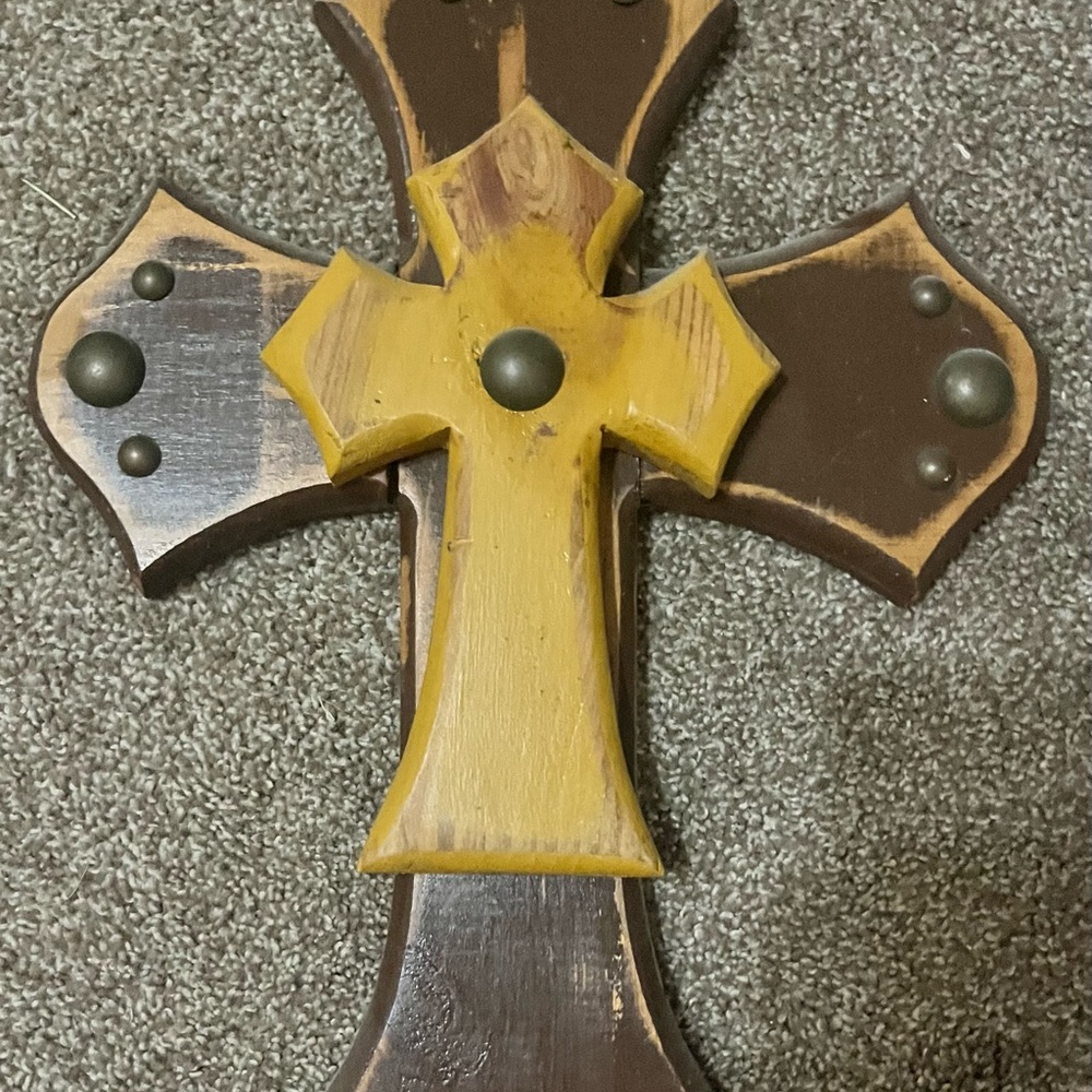 Rustic Brown and Yellow Wooden Wall Cross